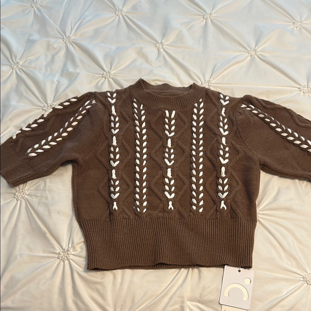 Commense Brown and White Crew Neck Sweater with Braided Details